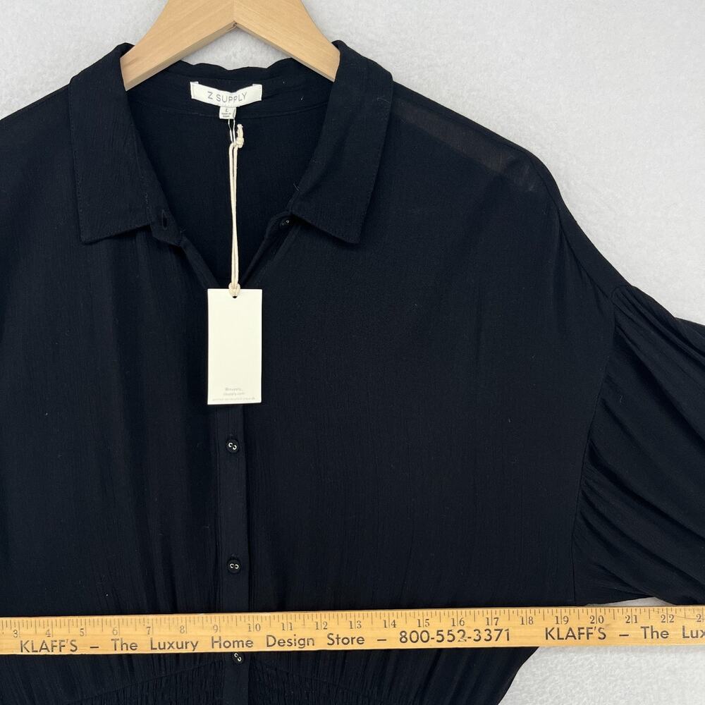 Z SUPPLY Dress L Tanya Maxi 3/4 Sleeve Pleated Smocked Button Front Black NEW - Picture 12 of 14